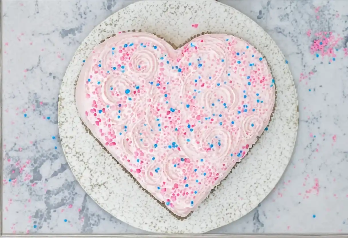 Vue de dessus d'un gâteau Saint-Valentin en forme de cœur, recouvert d'un glaçage rose et de décorations colorées.