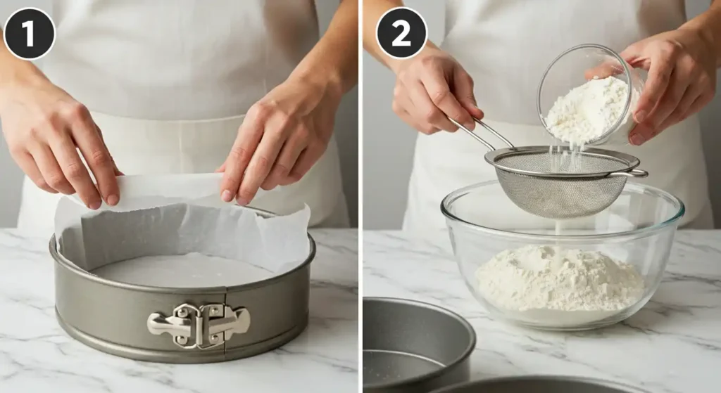 Image 1: Préparation du moule pour un gâteau ananas : doublure avec du papier sulfurisé.

Image 2: Ingrédients pour un gâteau ananas : Tamisage de la farine.