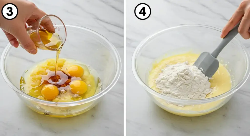 Image 3: Préparation de la pâte pour un gâteau ananas : ajout d'huile aux œufs et à l'ananas.

Image 4: Mélange des ingrédients secs et humides pour la pâte d'un délicieux gâteau ananas.