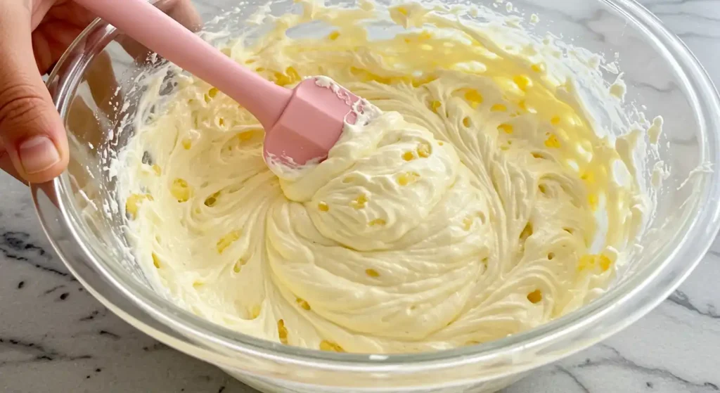 Préparation du glaçage crémeux pour un délicieux gâteau ananas.