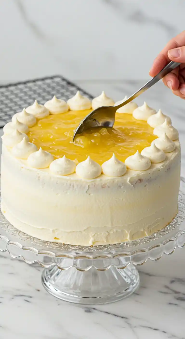 Garniture à l'ananas délicatement étalée sur un magnifique gâteau ananas fait maison.