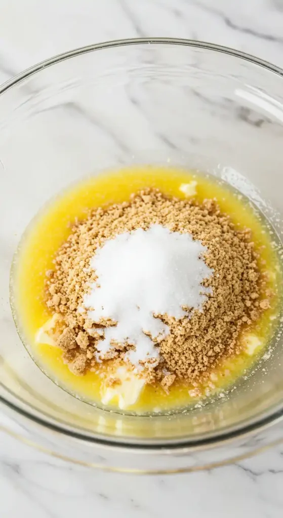 Image de dessus montrant les ingrédients en train d'être mélangés pour un dessert, on peut voir du beurre fondu, des miettes de biscuits graham, et du sucre blanc empilés dans un bol en verre. Il s'agit de la préparation de la base pour un gâteau au fromage.