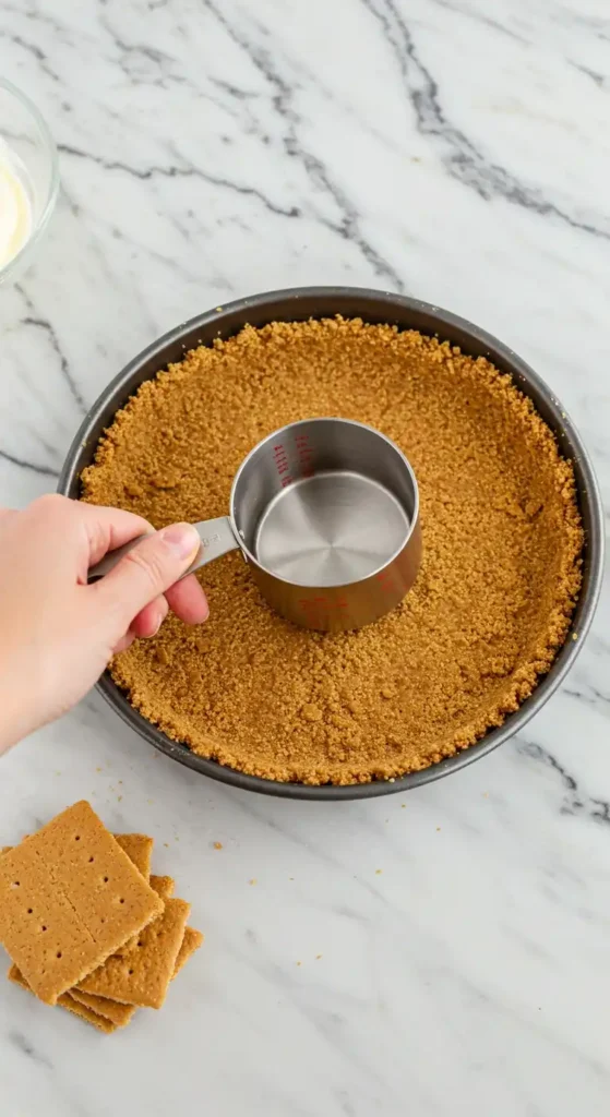 Gros plan sur une personne pressant une base de miettes de biscuits graham dans un moule à tarte avec le fond d'une tasse à mesurer. La base du gâteau au fromage est uniformément répartie dans le moule, prête à recevoir la garniture.