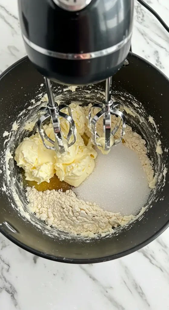 Mélange d'ingrédients pour une pâte à gâteau au fromage dans un bol avec un batteur électrique.