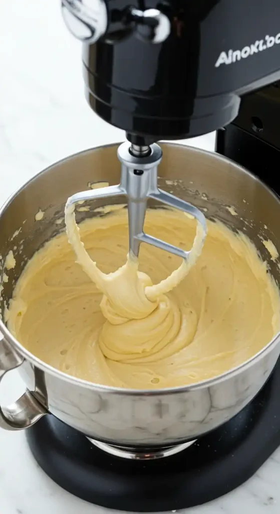 Une pâte à gâteau au fromage crémeuse est mélangée dans un robot culinaire.