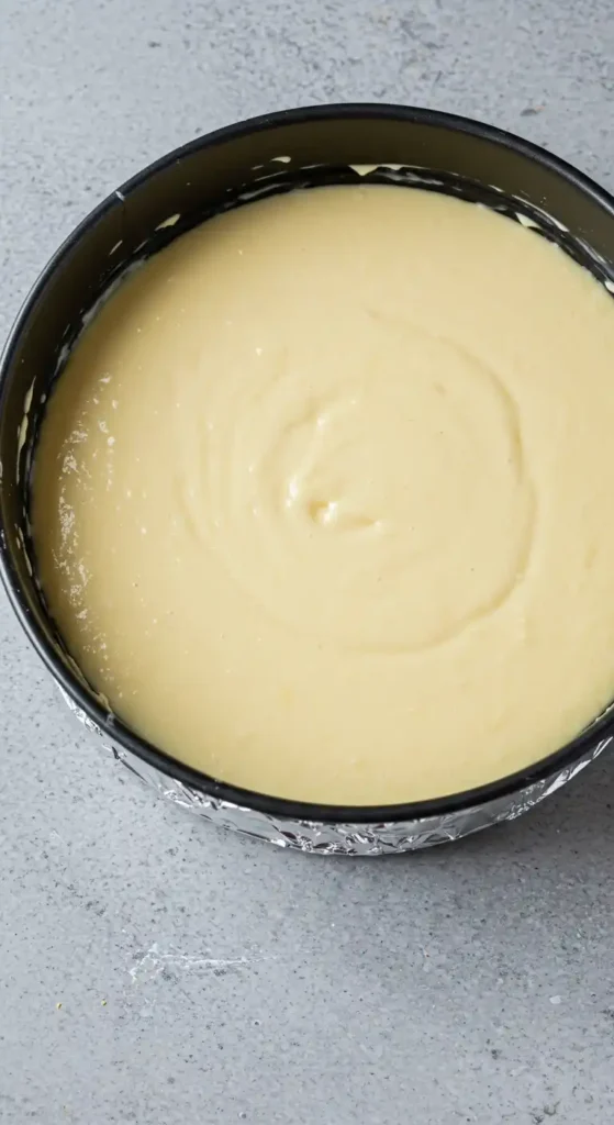 Garniture crémeuse de gâteau au fromage dans un moule prêt à être cuit.