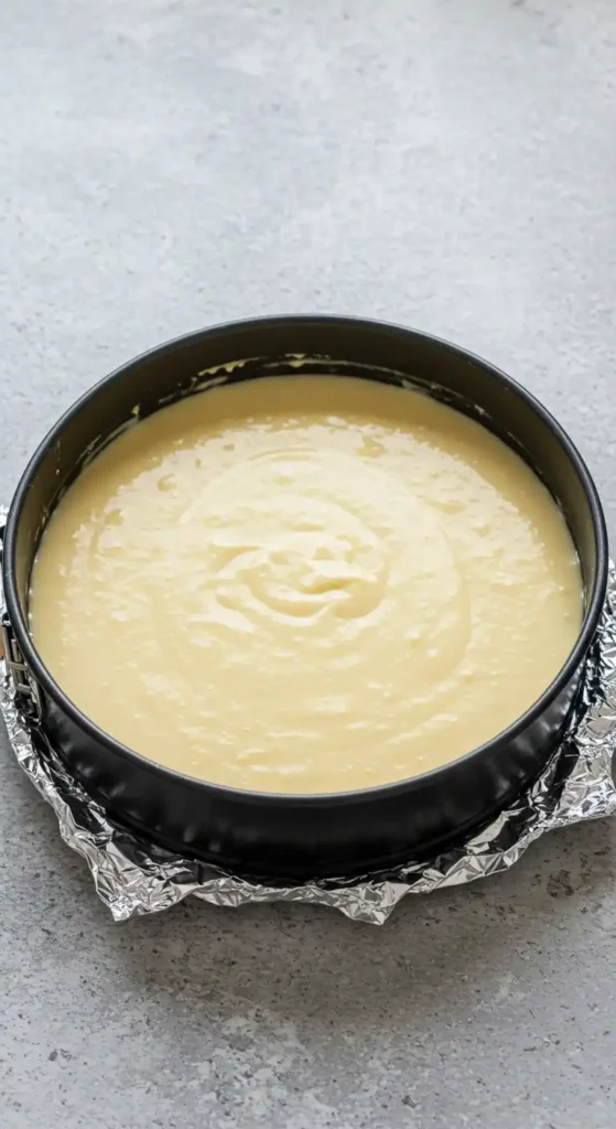 Une pâte lisse et crémeuse de gâteau au fromage remplie un moule rond noir préparé avec du papier d'aluminium, le tout sur un comptoir gris.