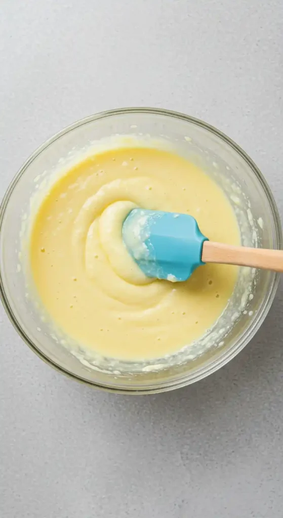 Image en vue plongeante montrant un bol en verre contenant la pâte du gâteau au yaourt poire, mélangée avec une spatule en silicone bleue. La pâte est lisse, crémeuse et de couleur jaune clair, prête à être utilisée pour la cuisson.