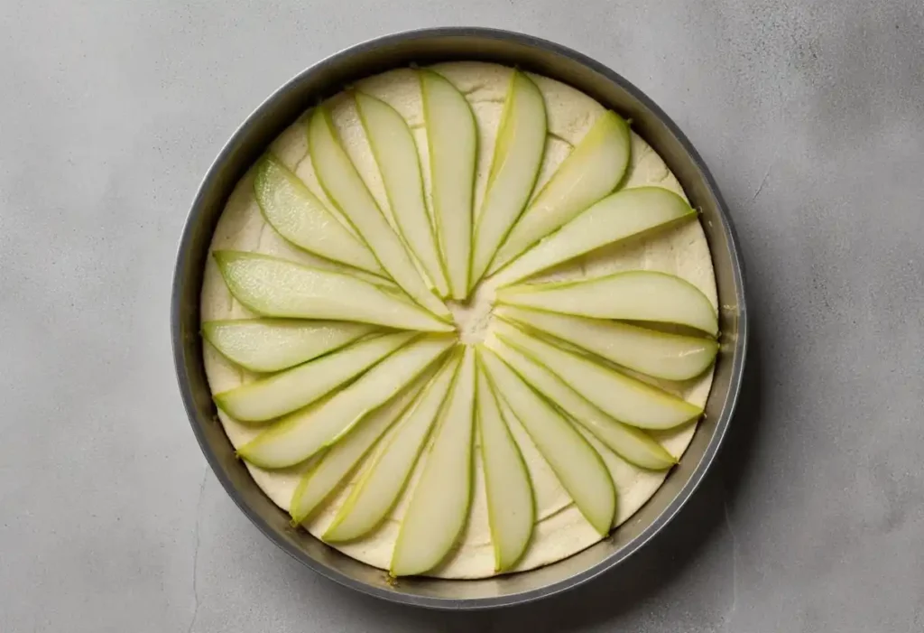 Image en vue plongeante d'un moule rond en métal contenant la pâte du gâteau au yaourt poire, recouverte de fines tranches de poires disposées en cercle. Le gâteau est prêt à être enfourné.