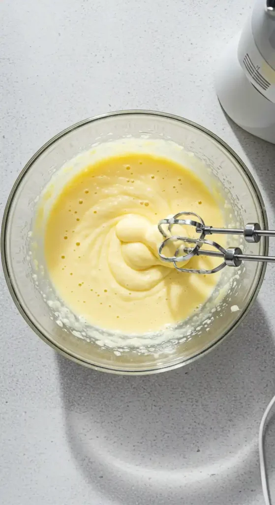 Image en vue plongeante montrant un bol en verre contenant la pâte d'un gâteau au yaourt poire, mélangée avec un batteur électrique. La pâte est jaune clair et on voit des bulles, signe qu'elle est bien aérée.