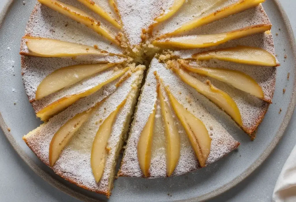 Image en vue plongeante d'un gâteau au yaourt poire, saupoudré de sucre glace et coupé en parts. Les tranches de poires sont visibles sur le dessus du gâteau, créant un motif rayonnant et appétissant. Le gâteau est présenté sur une assiette grise