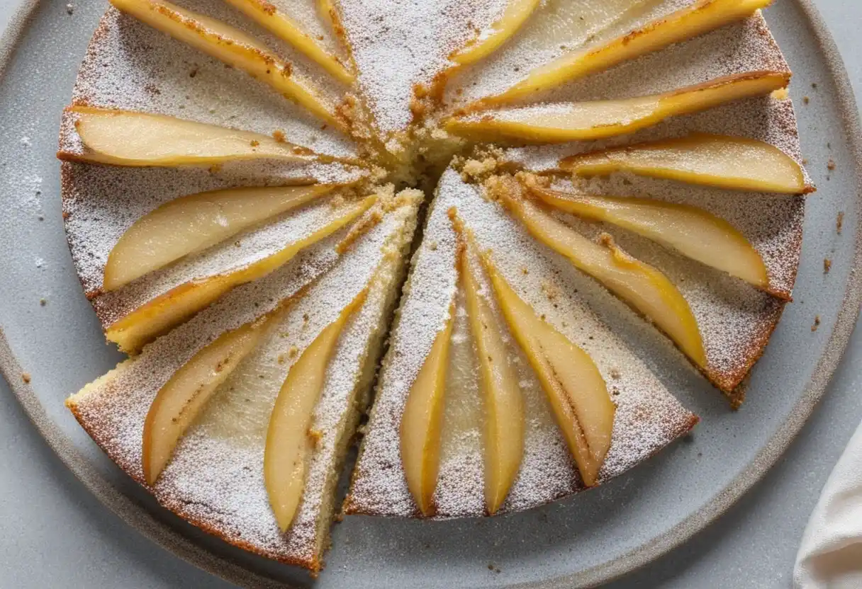 Image en vue plongeante d'un gâteau au yaourt poire, saupoudré de sucre glace et coupé en parts. Les tranches de poires sont visibles sur le dessus du gâteau, créant un motif rayonnant et appétissant. Le gâteau est présenté sur une assiette grise