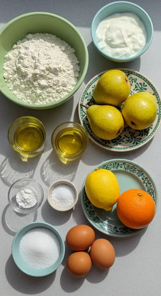 Image en vue plongeante montrant tous les ingrédients nécessaires pour faire un gâteau au yaourt poire. On distingue de la farine dans un bol vert, du yaourt dans un bol bleu, trois poires sur une assiette décorée, deux verres d'huile, de la levure chimique, du sel, du sucre dans un bol bleu, trois œufs et une orange et un citron sur une autre assiette.