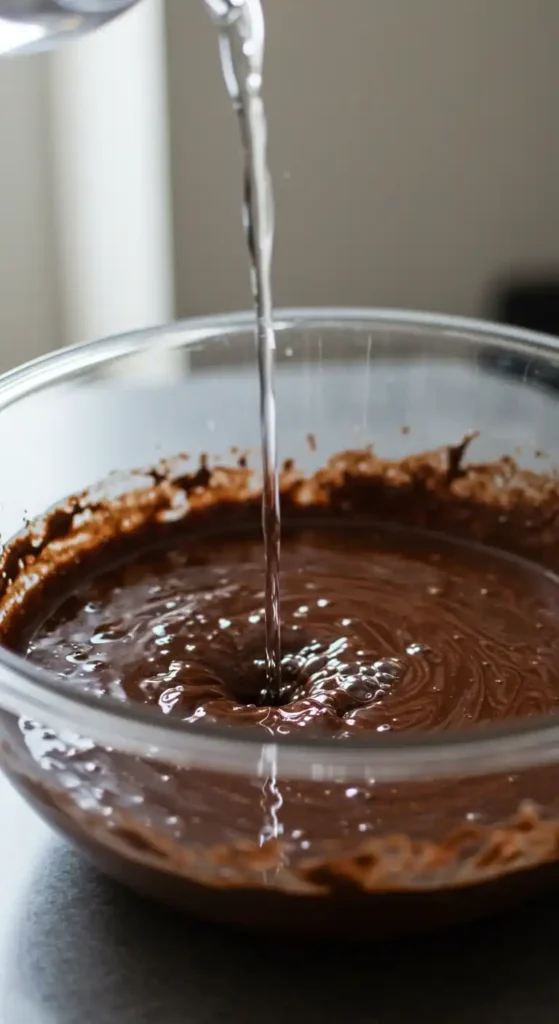 Ajout d'eau à la pâte au chocolat pour un gâteau aux bananes et chocolat moelleux et délicieux.