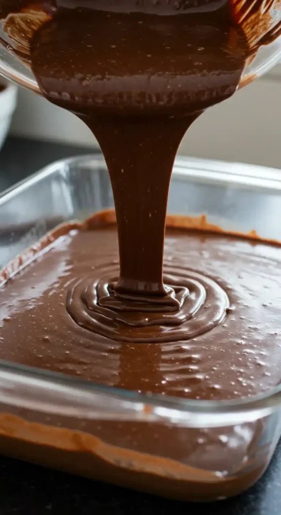 La pâte au chocolat est versée dans un plat en verre, prête à être cuite pour un gâteau aux bananes et chocolat délicieux.