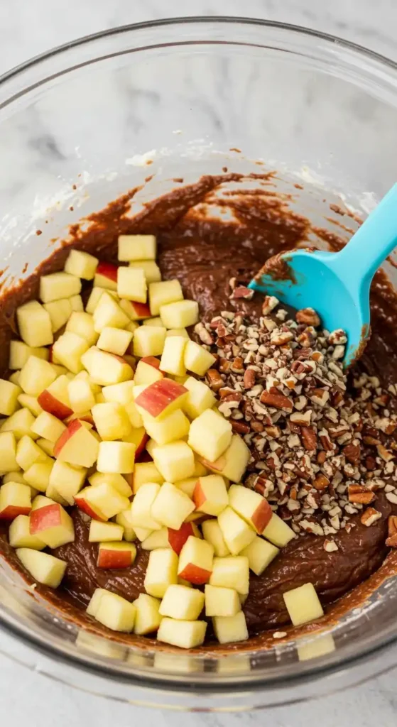 Préparation d'un gâteau aux pommes et au chocolat: des pommes coupées en dés et des noix hachées sont ajoutées à une pâte au chocolat dans un grand bol en verre. Une spatule bleue est utilisée pour incorporer les ingrédients.