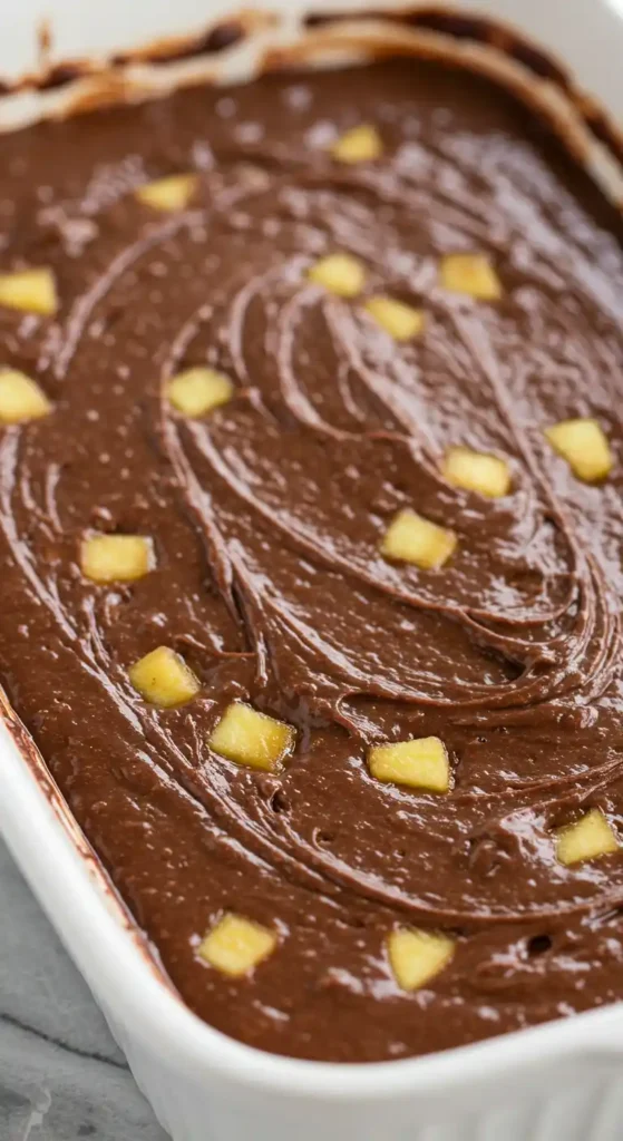  Le gâteau aux pommes et au chocolat est prêt à être enfourné. La pâte est versée dans un plat blanc et des morceaux de pommes sont visibles sur le dessus.