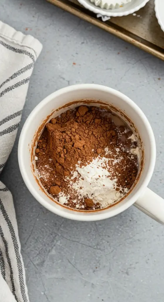 Vue de dessus d'une tasse blanche contenant les ingrédients secs, cacao et farine, pour la préparation d'un gâteau dans une tasse, avec un torchon à rayures à côté.