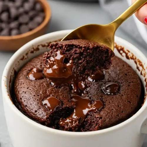 Un délicieux gâteau dans une tasse au chocolat, dégusté à la cuillère. Un dessert rapide et facile à réaliser, parfait pour une envie gourmande.