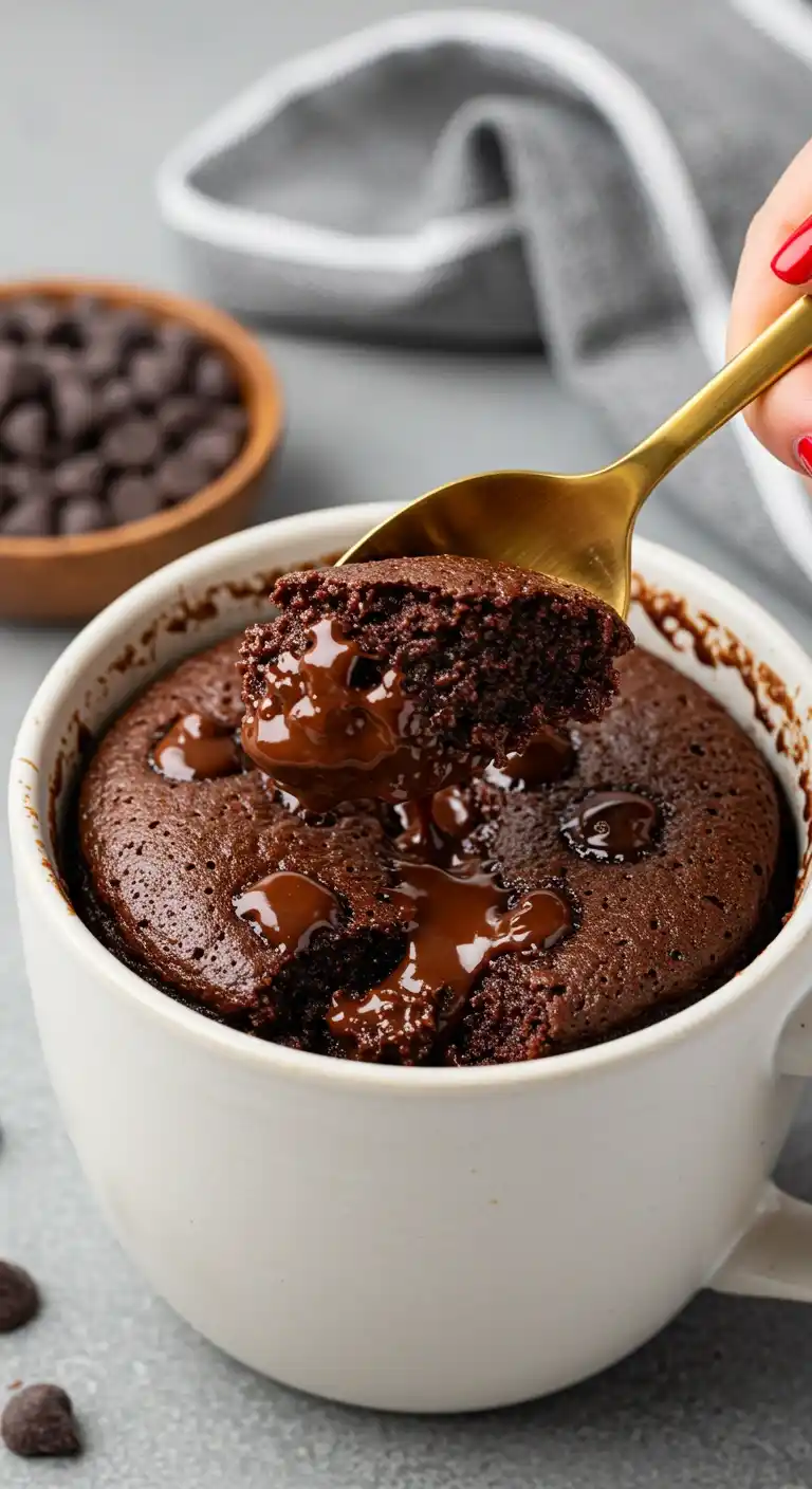 Un délicieux gâteau dans une tasse au chocolat, dégusté à la cuillère. Un dessert rapide et facile à réaliser, parfait pour une envie gourmande.