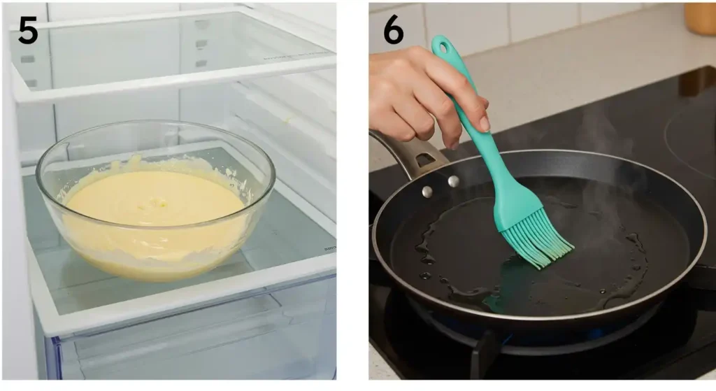 Avant la cuisson, certaines étapes préparatoires sont nécessaires pour un gâteau de crêpes réussi. L'étape 5 montre le bol de pâte reposant au réfrigérateur, permettant à la pâte de s'homogénéiser et de développer ses saveurs. Ensuite, l'étape 6 montre qu'une poêle est légèrement graissée avec de l'huile à l'aide d'un pinceau, assurant que chaque crêpe du gâteau de crêpes cuira parfaitement sans coller.