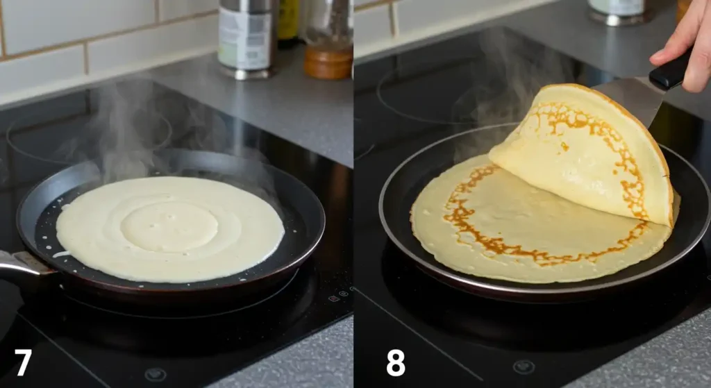 La cuisson est l'étape clé pour réaliser un gâteau de crêpes parfait. L'image 7 montre de la pâte versée sur une poêle chaude et huilée, où elle commence à cuire en dégageant de la vapeur. L'image 8 montre qu'une crêpe est retournée délicatement à l'aide d'une spatule une fois qu'elle est dorée d'un côté. Ces fines crêpes, cuites avec soin, seront ensuite empilées pour former la structure de votre délicieux gâteau de crêpes.