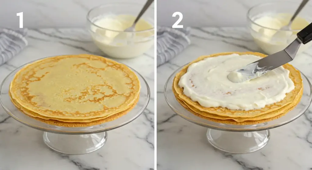 L'assemblage final est ce qui transforme une simple pile de crêpes en un spectaculaire gâteau de crêpes. L'image 1 montre une pile de crêpes cuites sur un présentoir à gâteau. Ensuite, dans l'image 2, une garniture crémeuse et blanche est généreusement étalée entre chaque couche de crêpe, créant ainsi un gâteau de crêpes à la fois visuellement attrayant et délicieusement gourmand.