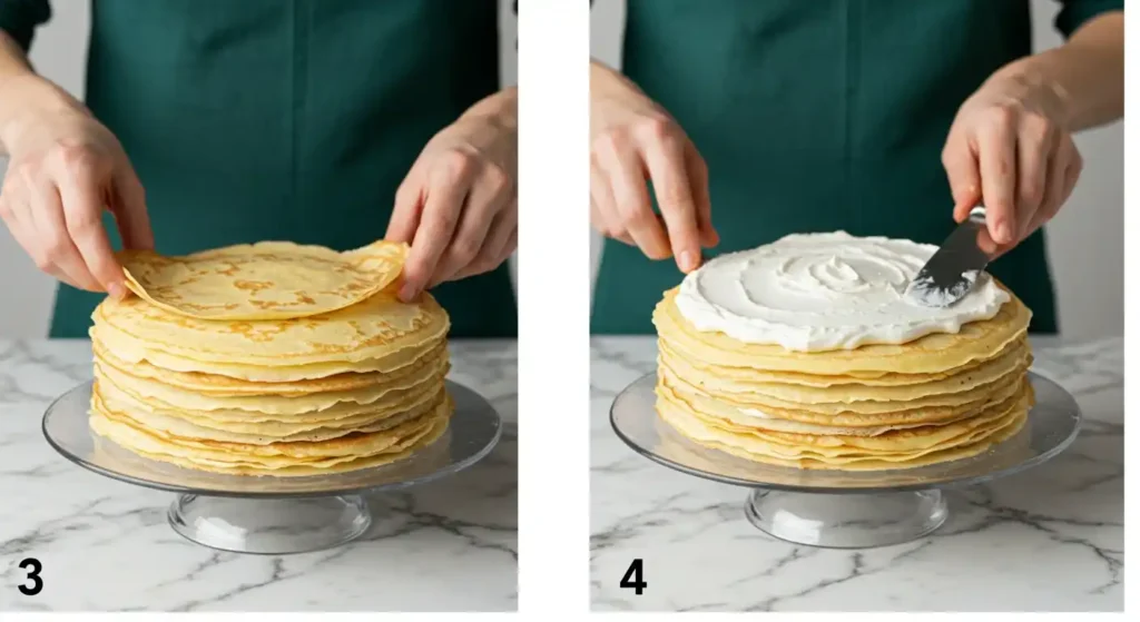 La construction d'un gâteau de crêpes spectaculaire se poursuit. L'image 3 montre une main posant délicatement une nouvelle crêpe sur le dessus d'une pile déjà bien haute. L'image 4 montre l'application d'une généreuse couche de crème fouettée sur le dessus du gâteau de crêpes, avec la crème étant étalée avec une spatule, préparant pour l'étape finale et la dégustation de ce merveilleux gâteau de crêpes.