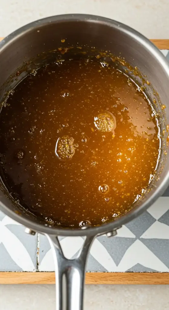 Caramel doré en ébullition dans une casserole en acier inoxydable, étape cruciale pour un délicieux gâteau de semoule au caramel.