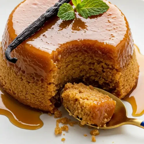 Un appétissant gâteau de semoule au caramel, nappé d'une sauce caramel brillante et décoré d'une gousse de vanille et de menthe fraîche, une part prélevée révélant sa texture moelleuse.