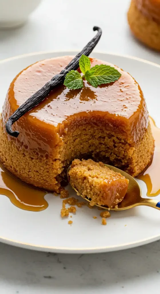 Un appétissant gâteau de semoule au caramel, nappé d'une sauce caramel brillante et décoré d'une gousse de vanille et de menthe fraîche, une part prélevée révélant sa texture moelleuse.