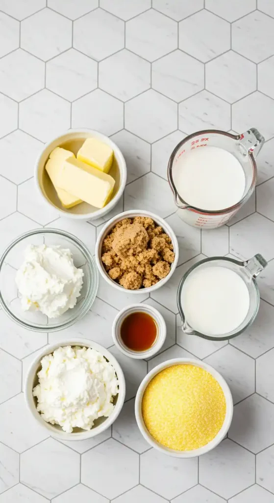 Ingrédients pour un gâteau de semoule au caramel : beurre, sucre brun, lait, vanille, semoule de maïs et fromage blanc, disposés sur un plan de travail en carrelage.