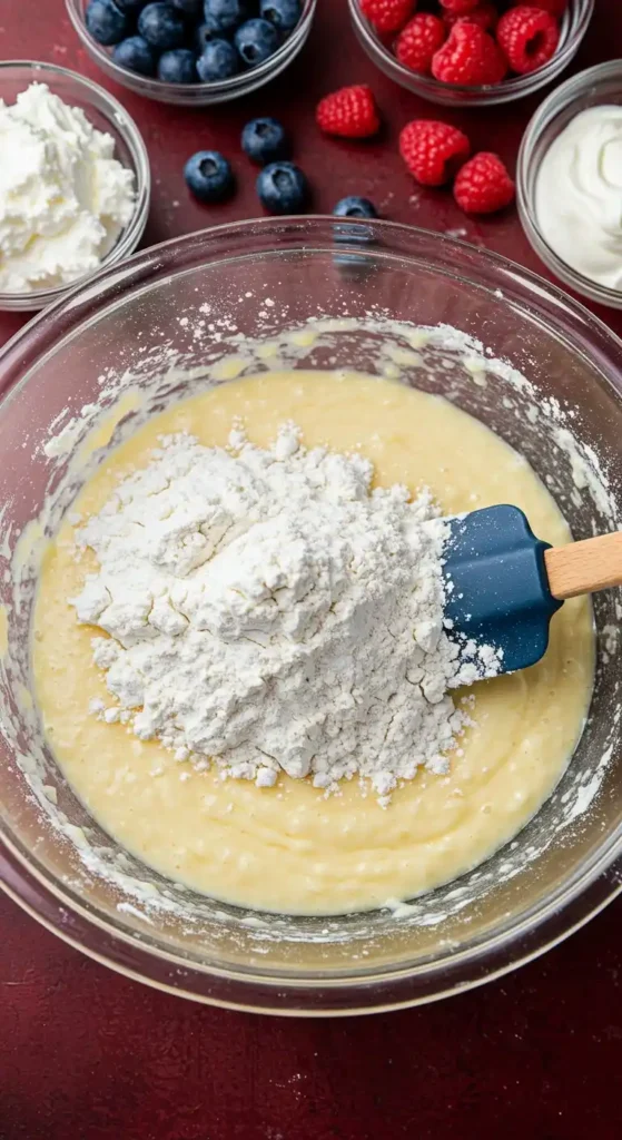 Une vue rapprochée montre un bol en verre transparent contenant une pâte jaune pâle pour gateau, recouverte d'une couche de farine blanche. Une spatule bleue est partiellement visible dans le bol, suggérant le processus de mélange. Autour du bol, divers ingrédients sont disposés, incluant des myrtilles, des framboises, de la crème fouettée et du yaourt, indiquant la préparation d'un gateau fruits rouges. La scène est éclairée sur une surface rouge foncé.