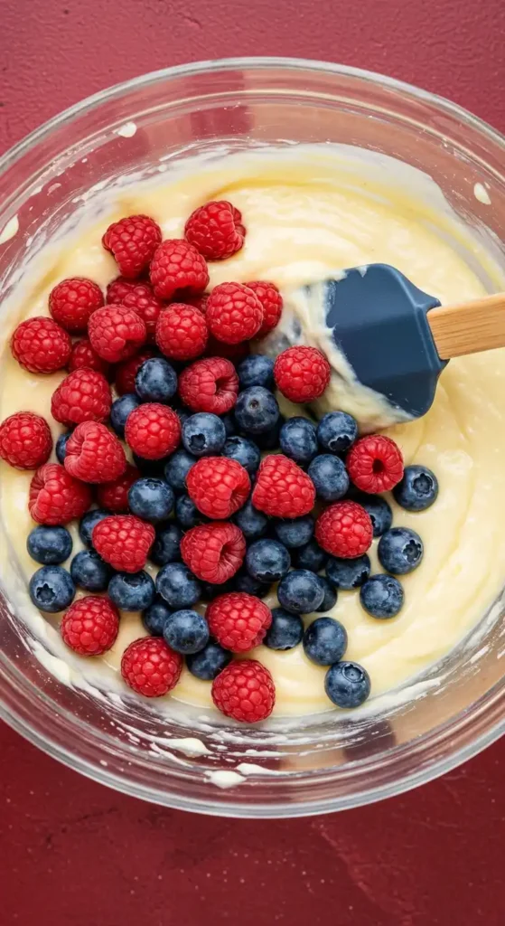 Une vue de dessus montre un grand bol en verre rempli d'une pâte à gateau jaune pâle. Des framboises rouges vives et des myrtilles bleu foncé sont délicatement disposées sur la pâte. Une spatule bleue est également présente dans le bol, suggérant le processus de mélange des fruits rouges dans la pâte pour un futur gateau fruits rouges. L'arrière-plan est d'une couleur rouge foncé.