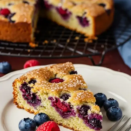 Une photo met en valeur une part de gateau fruits rouges sur une assiette blanche, décorée de quelques myrtilles et d'une framboise. La part de gâteau est recouverte de sucre cristallisé. Une fourchette en métal est également présente. En arrière-plan, le reste du gateau fruits rouges est visible sur une grille, avec un linge bleu drapé à proximité.