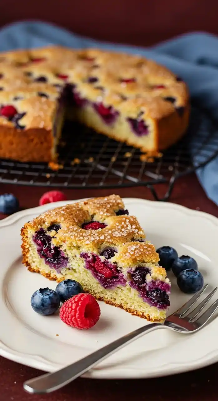 Une photo met en valeur une part de gateau fruits rouges sur une assiette blanche, décorée de quelques myrtilles et d'une framboise. La part de gâteau est recouverte de sucre cristallisé. Une fourchette en métal est également présente. En arrière-plan, le reste du gateau fruits rouges est visible sur une grille, avec un linge bleu drapé à proximité.