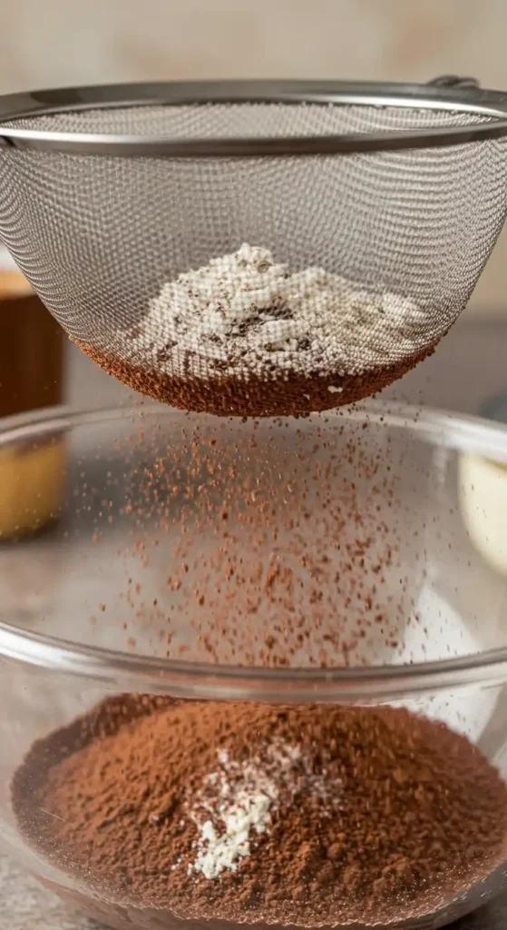  Préparation d'un gâteau merveilleux: tamisage de cacao et d'autres ingrédients secs dans un bol en verre.