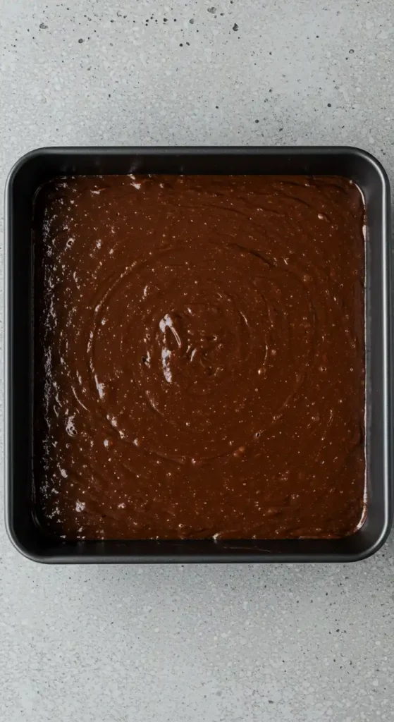 Préparation du gâteau qui pleure : pâte au chocolat versée dans un moule carré noir, prête à être enfournée.