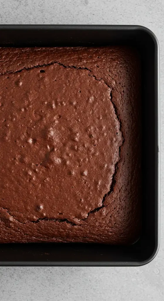 Le gâteau qui pleure, tout juste sorti du four : un dessert au chocolat cuit dans un moule carré noir.