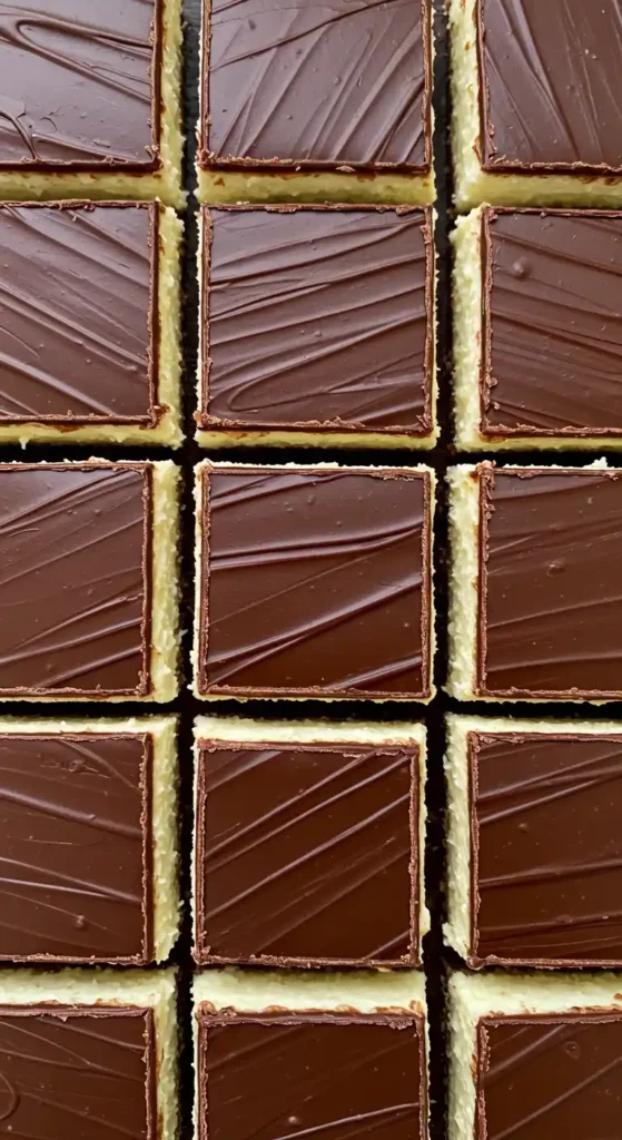 Le gâteau qui pleure découpé et prêt à être servi : vue de dessus des carrés de gâteau au chocolat, crème et sauce au chocolat.