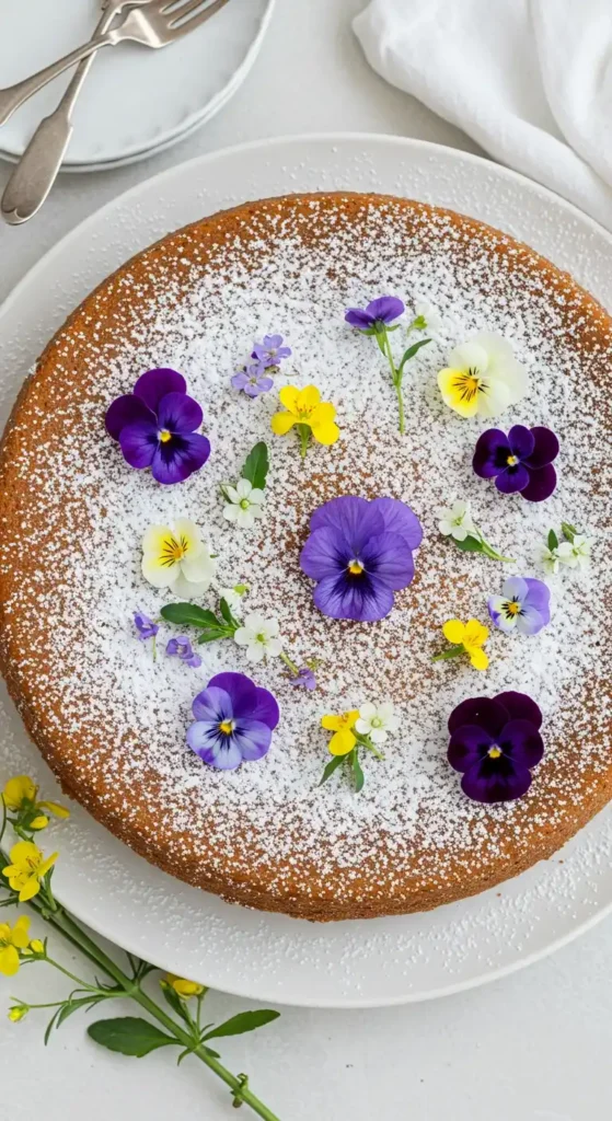 Vue de dessus d'un élégant gateau sans levure, saupoudré de sucre glace et décoré de fleurs comestibles colorées telles que des violettes et autres petites fleurs printanières. Le gâteau est présenté sur une assiette blanche, avec une fourchette et un couteau en arrière-plan. Une délicieuse idée pour un dessert simple et raffiné.