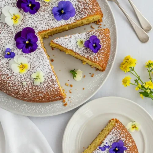 Vue appétissante d'un gateau sans levure coupé, saupoudré de sucre glace et orné de délicates fleurs comestibles violettes et jaunes. Une part est servie sur une assiette individuelle, prête à être dégustée. Des couverts et des fleurs fraîches complètent cette présentation gourmande d'un dessert simple et élégant.