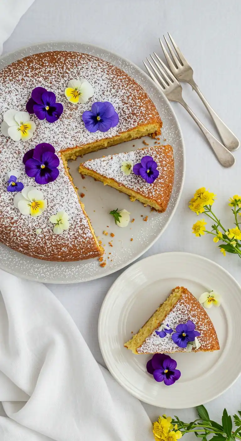 Vue appétissante d'un gateau sans levure coupé, saupoudré de sucre glace et orné de délicates fleurs comestibles violettes et jaunes. Une part est servie sur une assiette individuelle, prête à être dégustée. Des couverts et des fleurs fraîches complètent cette présentation gourmande d'un dessert simple et élégant.