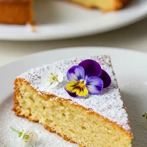 Gros plan d'une part de gateau sans levure, généreusement saupoudrée de sucre glace et décorée de fleurs comestibles violettes et blanches. L'arrière-plan montre le reste du gâteau. Un dessert simple, élégant et parfait pour toutes les occasions.