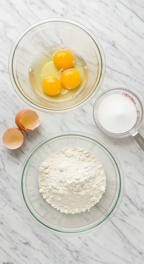 Photo en plongée montrant les ingrédients essentiels pour préparer un délicieux gâteau sans levure : un bol de farine, un bol contenant trois œufs frais, un récipient de sucre blanc, et des coquilles d'œufs vides, le tout disposé sur un plan de travail en marbre blanc