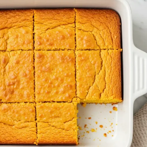 Vue de dessus d'un gâteau yaourt grec coupé en parts, disposé dans un plat de cuisson carré blanc sur un plan de travail en marbre. Une part a été prélevée, laissant apparaître la mie du gâteau. Un bol de crème fouettée est visible en haut à gauche de l'image. Un torchon en lin beige est placé sur le bord droit.