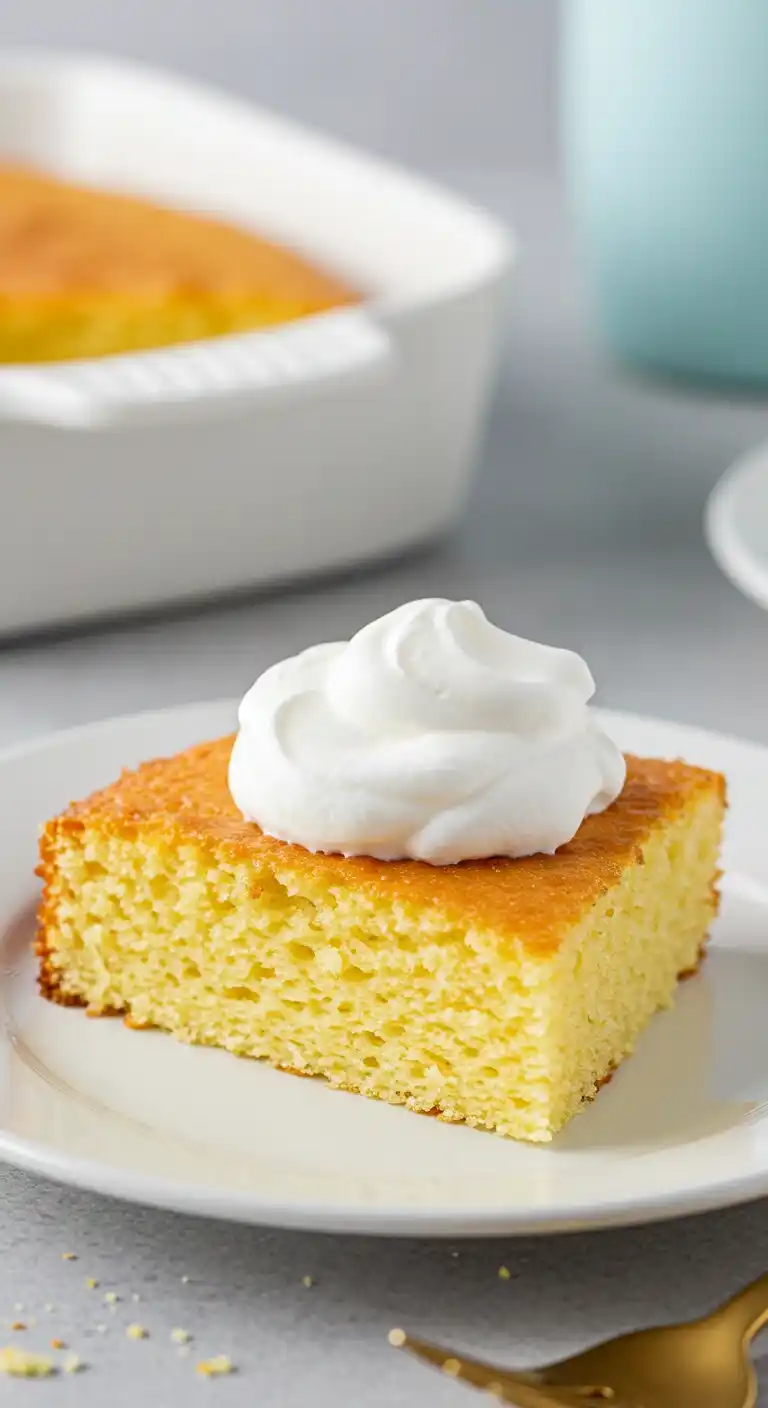 Gros plan sur une part de gâteau yaourt grec, moelleuse et dorée, disposée sur une assiette blanche et garnie d'une généreuse quenelle de crème fouettée. L'arrière-plan flou montre le reste du gâteau dans son plat de cuisson blanc. Une fourchette dorée est partiellement visible en bas de l'image.