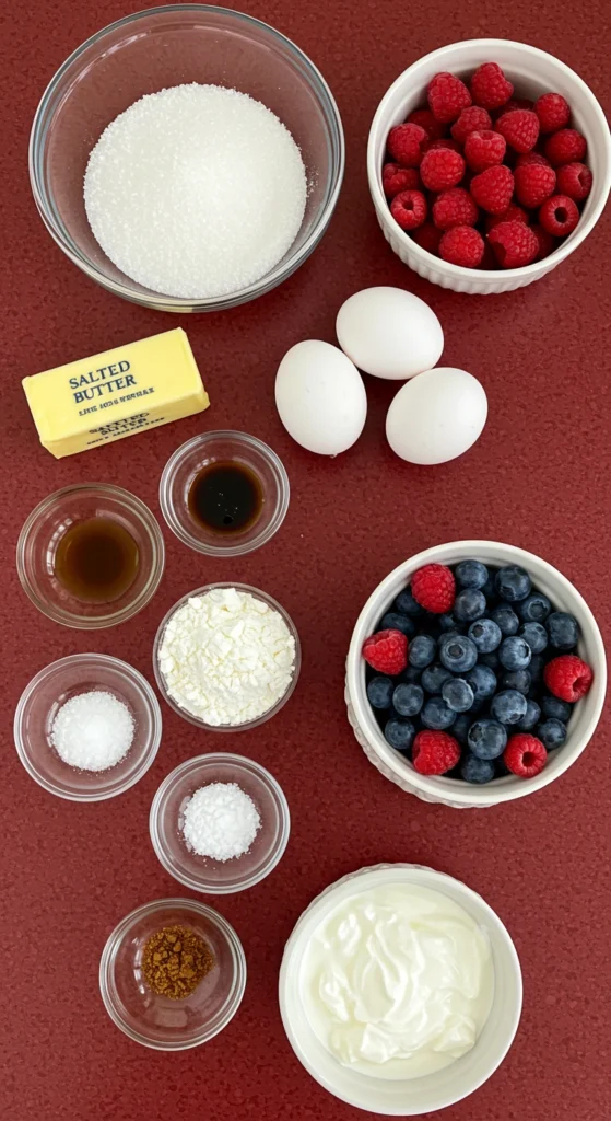 Une vue de dessus présente les ingrédients nécessaires à la préparation d'un gateau fruits rouges sur une surface rouge brique. On y voit un grand bol en verre rempli de sucre blanc, à côté d'un autre bol blanc contenant des framboises rouges et fraîches. Plus bas, trois œufs blancs non cassés sont disposés, ainsi qu'une plaquette de beurre salé. Plusieurs petits bols en verre contiennent de l'extrait de vanille, de l'amidon de maïs, du sel fin, du sel en cristaux plus gros, et du sucre brun. Un bol blanc est rempli de yaourt blanc et crémeux. Un autre bol blanc contient des myrtilles foncées, parsemées de quelques framboises.