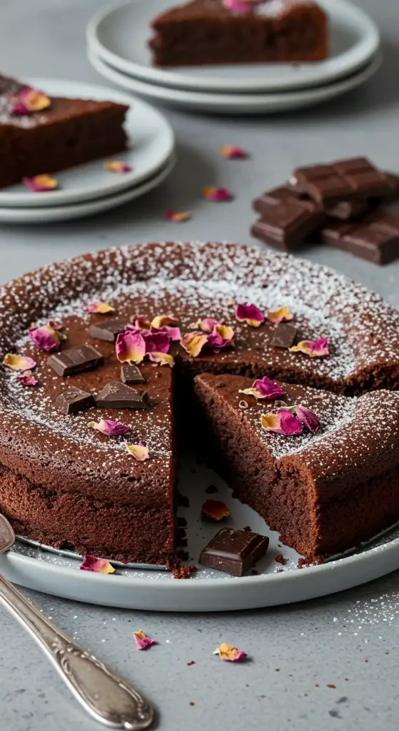 Un délicieux fondant au chocolat Nestlé coupé en tranches, saupoudré de sucre glace et décoré de pétales de rose. Des morceaux de chocolat sont disposés à côté du gâteau. D'autres parts de fondant au chocolat Nestlé sont présentées sur des assiettes en arrière-plan.