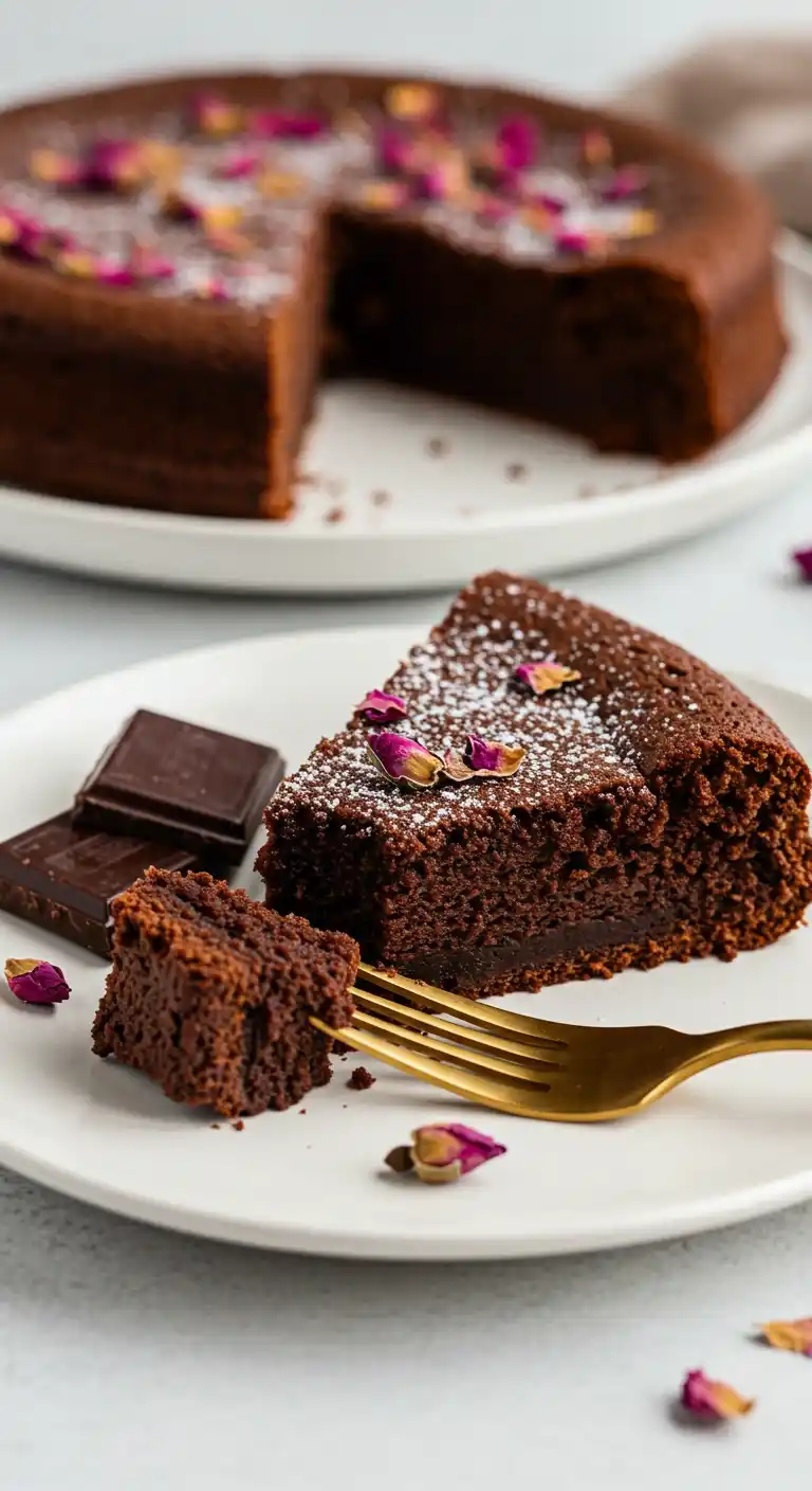 Une part de fondant au chocolat Nestlé, saupoudrée de sucre glace et agrémentée de pétales de rose, est présentée sur une assiette blanche avec une fourchette dorée. Un morceau du gâteau est empalé sur la fourchette, prêt à être dégusté. Des carrés de chocolat sont disposés à côté. En arrière-plan, un fondant au chocolat Nestlé entier trône sur une autre assiette.